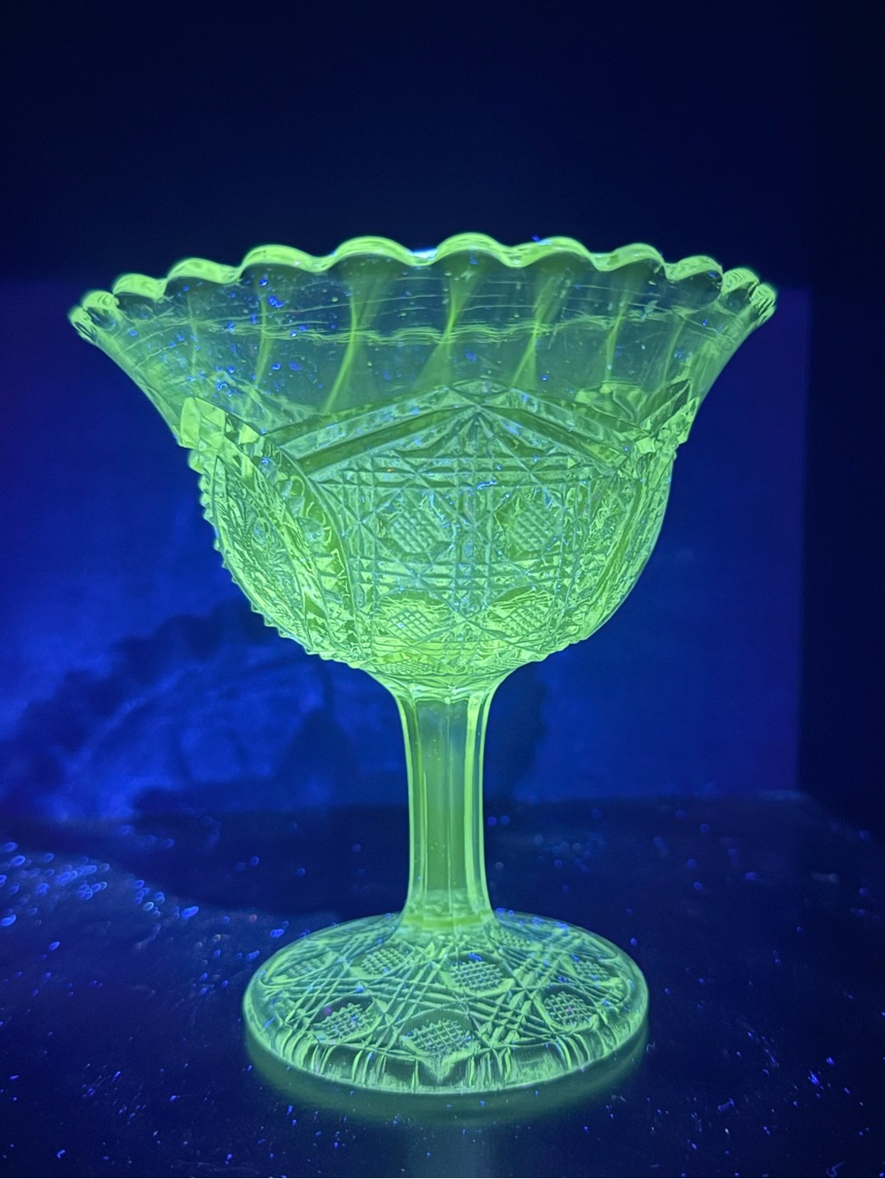 Vintage UV Reactive EAPG Pedestal Compote Dish With Intricate Design